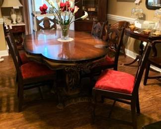 "Venetian" dining table, 6 chairs, and 2 leaves