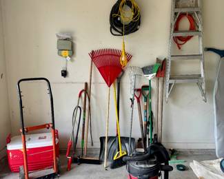 Garage stuff, lawn tools, shop vac, 6’ ladder, dolly