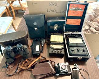 Binoculars, electrical testing devices, vintage Retina camera
