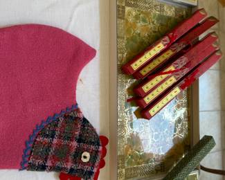 MCM Tray, chop sticks, tea cozy