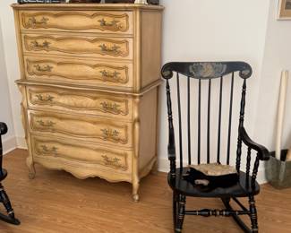 French provincial chest of drawers, ebony stained Hitchcock rocker