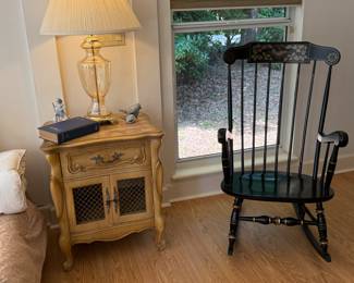 Bedside table, lamp, rocker