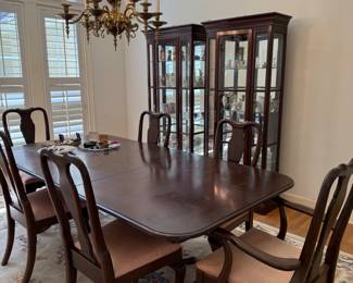 Ethan Allen table and chairs, (has an additional leaf and pads), lighted display cabinets, large Chinese rug