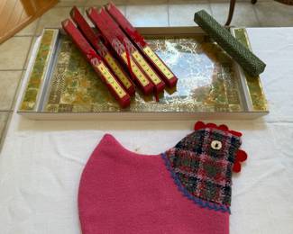 MCM Tray, chop sticks, tea cozy