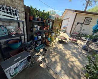 Garden Items - pots, plant stands, tables with umbrella, fire pit, plants, yard art
