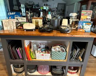 Small appliances, baking pans, kitchen aid mixer with attachments