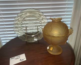 SATIN AMBER GLASS CABBAGE LEAF FOOTED COMPOTE
