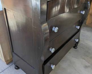 Vintage Solid Wood Dresser with six drawers, has white glass pulls
