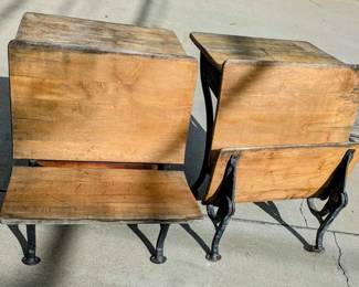 TWO Antique Wooden School Desks from Elementary School, with wrought iron legs