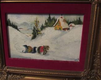 Many oil paintings / many styles; some on canvas, some on board. Prints too