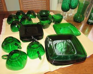 Anchor Hocking setting w/cream and sugar, cups and saucers and sandwich plates.