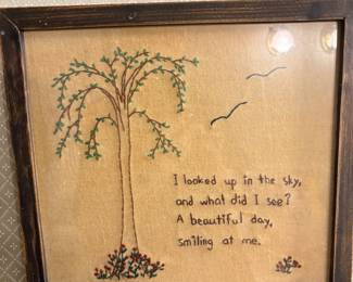 Antique Framed Embroidered "I Look up in the Sky..." Picture!