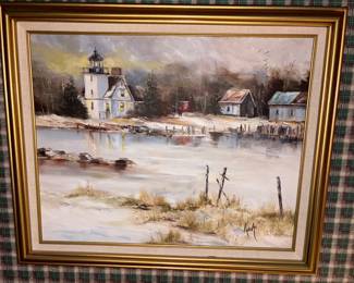 Oil Painting of Lighthouse Behind Pond Signed Koch!