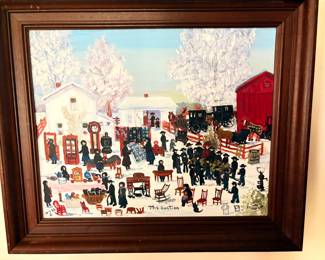 American Primitive Paintings "The Auction" Signed Emma Shrock, Mennonite Northern Indiana Artist "Grandma Moses of Indiana"!