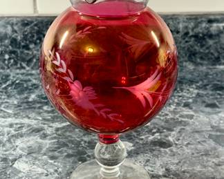 Vtg. Cranberry Glass Cut Etched Rose Bowl Pedestal Vase Scalloped Edge