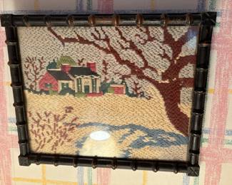 Antique Framed Embroidered House Picture!