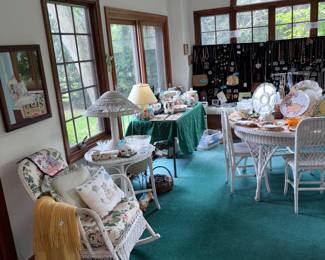 Antique Wicker Rocking Chair, Table, & Lamp