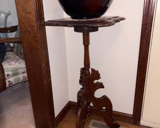 Antique Ornate Wood Plant Stand & Dickens Ware #2 Weller Brown Pot