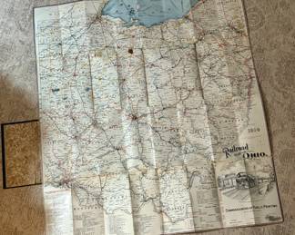 Vtg. 1914 Railroad Map of Ohio Foldout Linen Map in Book