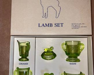 Boyd’s Glass Lamb Set Green Depression Glass!