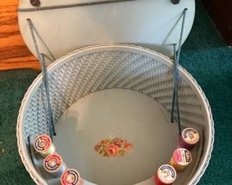 Vtg. MCM Blue Wicker & Wood Round Sewing Box Floral Lid Design & Rope Handles by Harvey