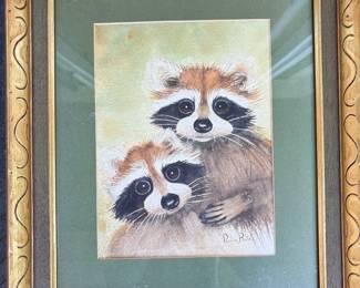 Original Watercolor Signed Pauline Butz Cute Raccoons!