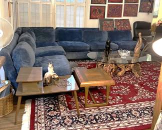 Here is another view of the rug, sectional sofa, and coffee table. There are a couple of other tables here, including the mid-century double-decker table, and the Danish modern end table (more on that later).