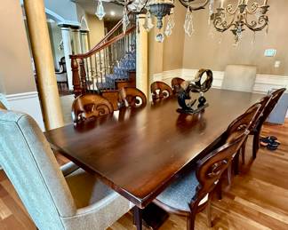 Arhaus Tuscan Dining Room Table (118 x44" and 8 Jordan Bell'Arte Dining Chairs with 2 Upholstered Captains Chairs.