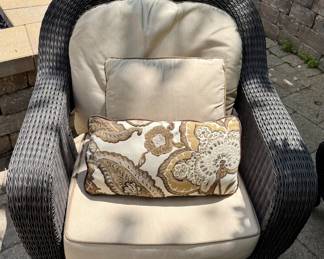6 Pc Outdoor Wicker Seating Group with a Loveseat, 2 Matching Chairs and Ottomans and Coffee Table with Cushions by Sunbrella.