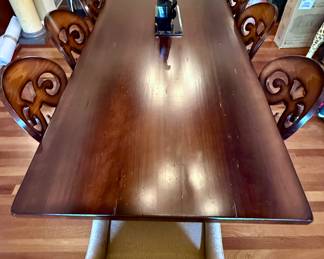 Dining Room features Arhaus Tuscany 118" Double Pedestal Dining Table with 8 Arhaus Jordan Bell'Arte Dining Chairs. 2 Camden upholstered chairs are for sale separately.