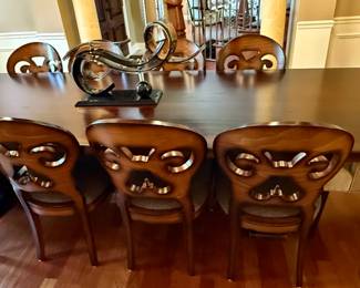 Arhaus Tuscan Dining Room Table (118 x44" and 8 Jordan Bell'Arte Dining Chairs with 2 Upholstered Captains Chairs.