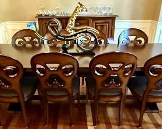 Arhaus Tuscan Dining Room Table (118 x44" and 8 Jordan Bell'Arte Dining Chairs with 2 Upholstered Captains Chairs.