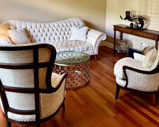 Z Gallerie Tufted Sofa and 2 Modern Wingback Chairs with Coffee Table and Lamp