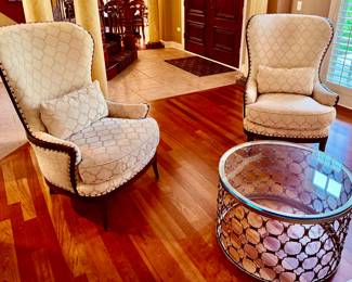 Z Gallerie Tufted Sofa and 2 Modern Wingback Chairs with Coffee Table and Lamp
