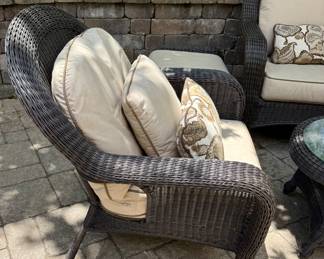 6 Pc Outdoor Wicker Seating Group with a Loveseat, 2 Matching Chairs and Ottomans and Coffee Table with Cushions by Sunbrella.