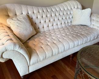 Z Gallerie Tufted Sofa and 2 Modern Wingback Chairs with Coffee Table and Lamp