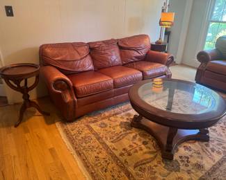 Pennsylvania House Leather Burnt Brown Leather Sofa (84"W x 36"D x 32" Back Height) 2 Available & Round Glass Top with Pedestal Base Coffee Table (40"D x 20"H)