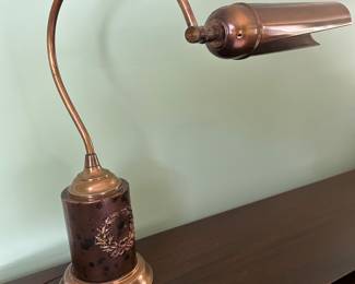 Vintage Brass & Leather Gooseneck Desk Lamp Bankers Library Piano Swivel