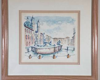 After Fausto Battelli (1934-2018) Lithograph - "Piazza" | Cityscape lithograph of the fountain in front of St. Peter's Basilica in Vatican City, Rome entitled "Piazza San Pietro," or "St. Peter's Square"
Lithograph (reproduction)
Framed (wooden frame) and matted
Not signed - h. 12 x w. 13 in (Frame)