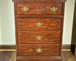 Four-Drawer Wooden Dresser | Four-drawer wooden dresser with gold hardware and carved details. - h. 40.5 x w. 30.5 x d. 17 in