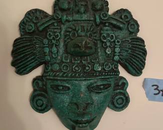Mexican Stone Sculpture | Vintage (1980's) Mexican/Central American (Maya, Inca, or Aztec) crushed green malachite stone sculpture of deity.
- h. 5.5 x w. 5.5 in