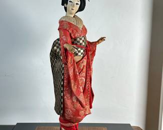 Nishi & Co. Geisha Doll #1 | Vintage (mid century) Nishi & Company (Japan) tall geisha doll on stand.
- h. 38 in
