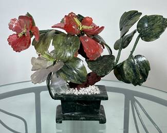 Chinoiserie Glass & Stone Sculpture #2 | Vintage chinoiserie jade, carnelian, and quarts or other stone decorative floral/bonsai sculpture in dark green planter. - h. 7.5 x w. 10 in