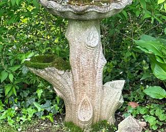 Stone Bird Bath Pedestal - Tree Trunk | Outdoor stone bird bath pedestal and bowl (all one piece) with tree trunk/log design. One piece broken off but included for repair. - h. 29 x w. 24 in