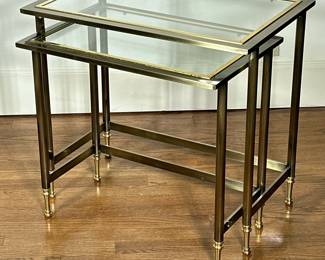 (2pc) Brass & Glass Nesting Tables | Pair (2) of brushed brass nesting tables with glass top inserts. Shortest: h. 20 x w. 14 x d. 21 - h. 17.5 x w. 16 x d. 24 in (Tallest)