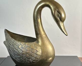 Brass Swan Planter - Rounded Neck | Vintage (1950's) solid brass (heavy) swan-shaped planter with rounded neck.- h. 16.5 x w. 8 x l. 17.5 in