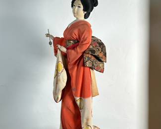 Nishi & Co. Geisha Doll #2 | Vintage (mid century) Nishi & Company (Japan) tall geisha doll on stand.
- h. 24 x w. 12 x d. 9.5 in
