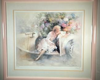 Willem Haenraets (Dutch, 1940-) Oil Painting - "Day Dreaming"| Painting of a woman lounging out a vintage style car door, entitled "Day Dreaming"
Original oil on canvas. Framed (rose-colored frame) and matted. Signed by artist, on original and on matting. Numbered: 935/950 - h. 29 x w. 32 in (Frame)