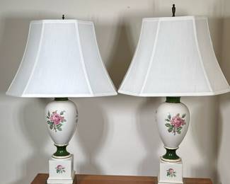 (2pc) Painted Porcelain Table Lamps | Pair (2) of porcelain table lamps with a floral painted design on a pedestal. - h. 31.75 in