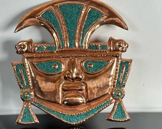 Mexican Gold & Turquoise Mask | Vintage (mid century) Mexican/Central American (Aztec) gold and turquoise mask. - h. 7 x w. 6.5 in